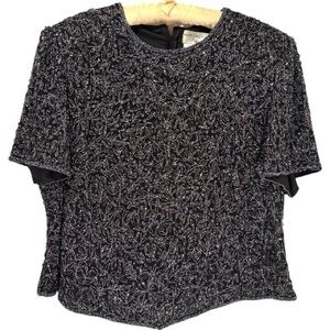 Adrianna Papell Silk Sparkling Beaded Black Short Sleeve Black Top